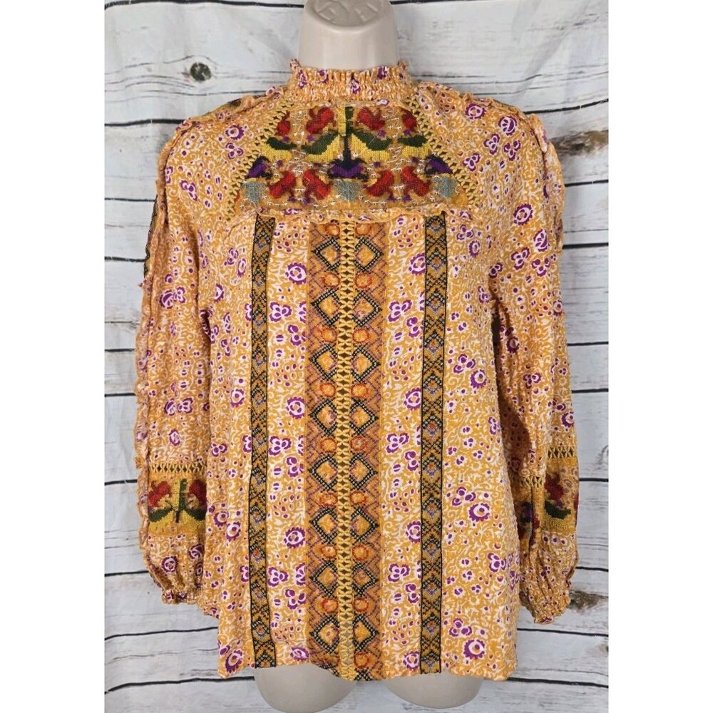 Anthropologie Maeve Goldie Embroidered Top 2 Boho Womens Orange Floral Print